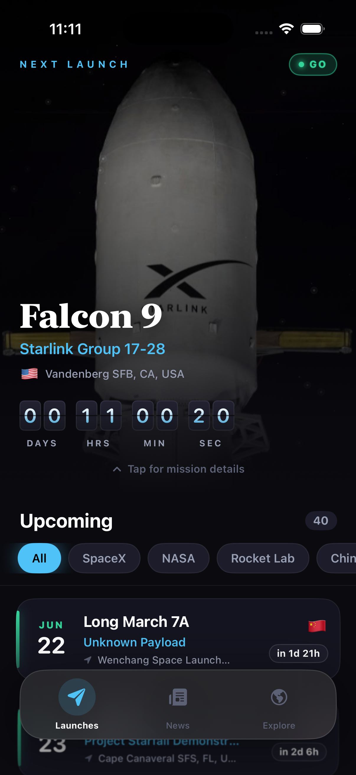 Liftoff app showing the next launch with a live countdown